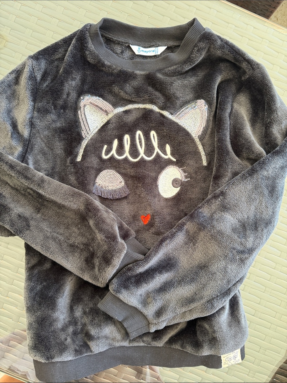 Mayoral Charcoal Plush Cat Face Sweatshirt with Red Heart